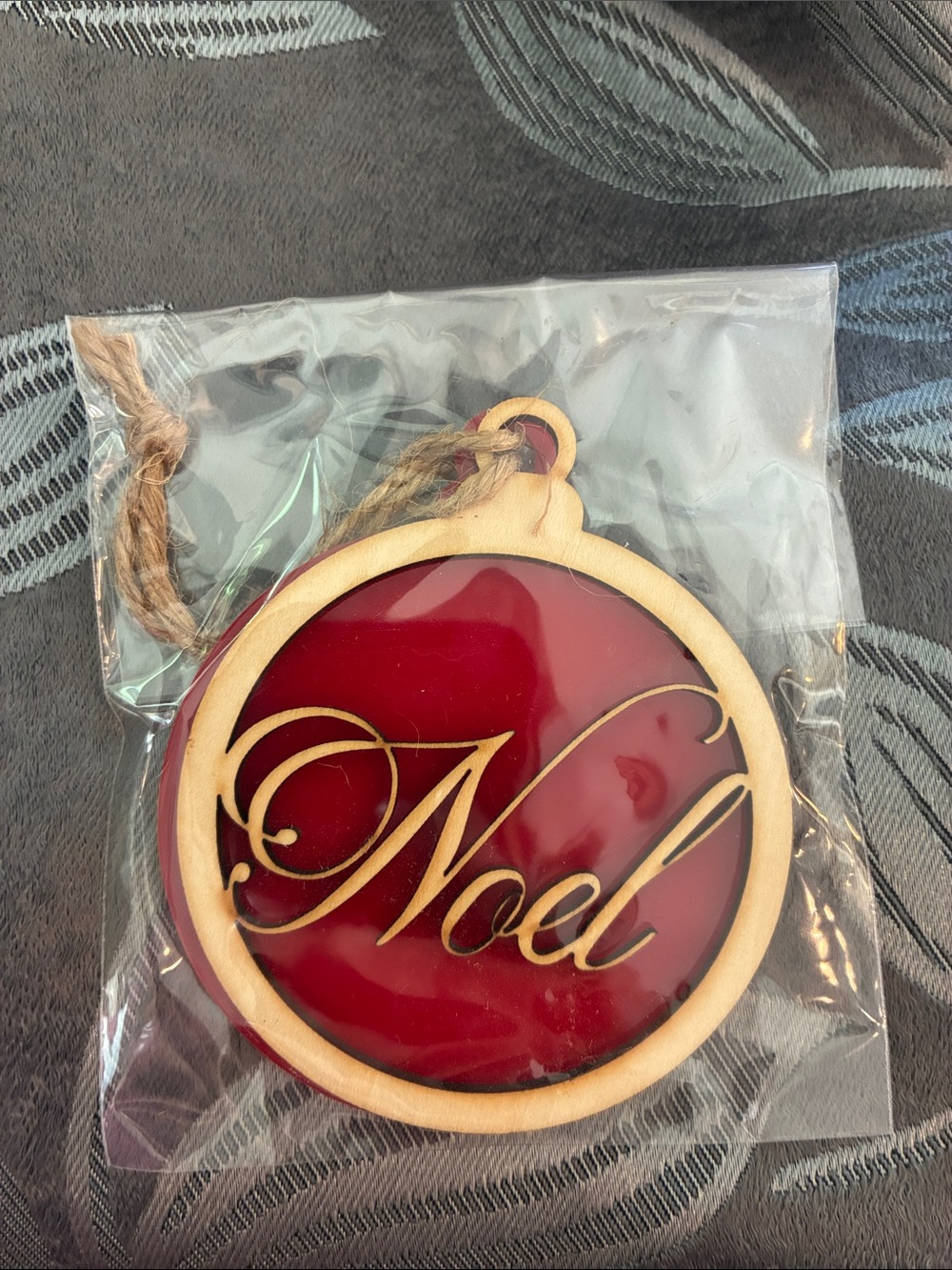 Handmade Noel Wood & Red Acrylic Christmas Ornament